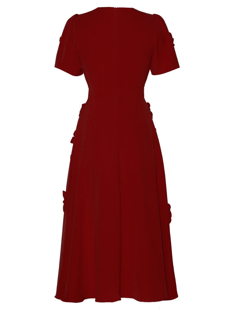 korte mouw midi jurk met 3D bloemenapplicaties - BLOOMIQ 