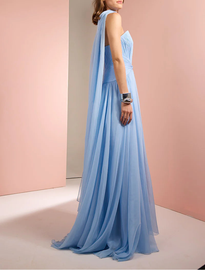 strapless pleated chiffon gown with scarf detail – SKYE