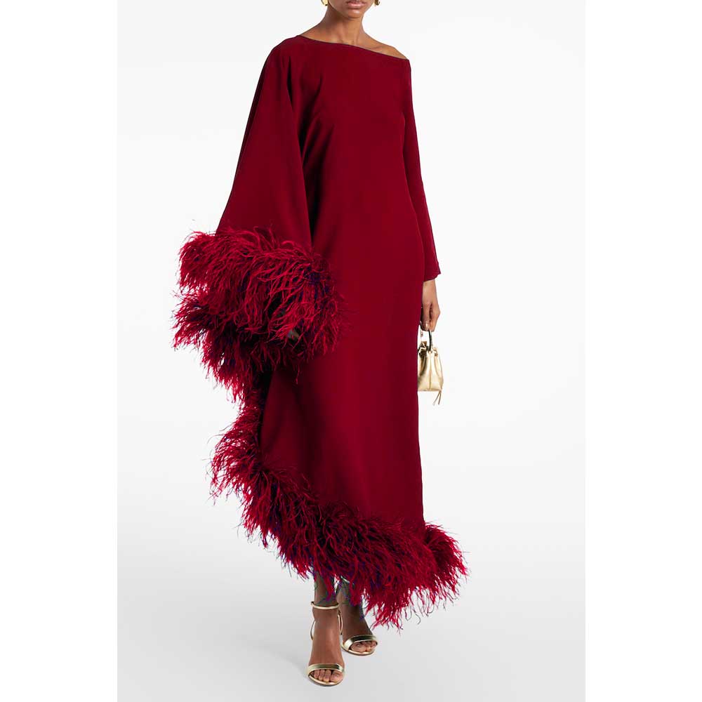 asymmetric gown with feather trim – VIVID