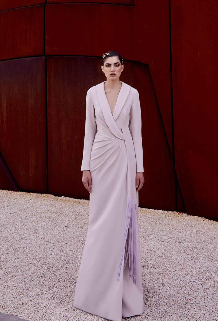 Wrap-effect long-sleeve gown with fringe detail – SERAPHINE