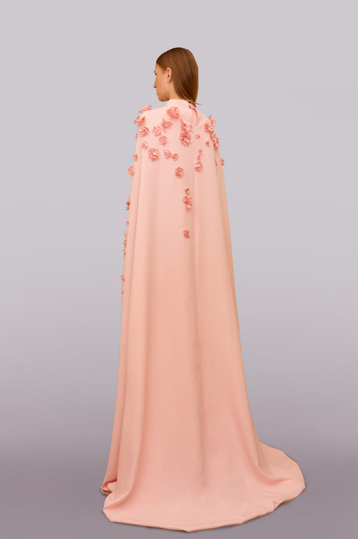 high-neck cape column gown with floral appliqué – PEONIA