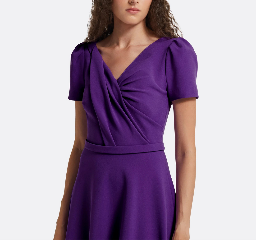 draped V-neck midi dress with puff sleeves – VIOLET