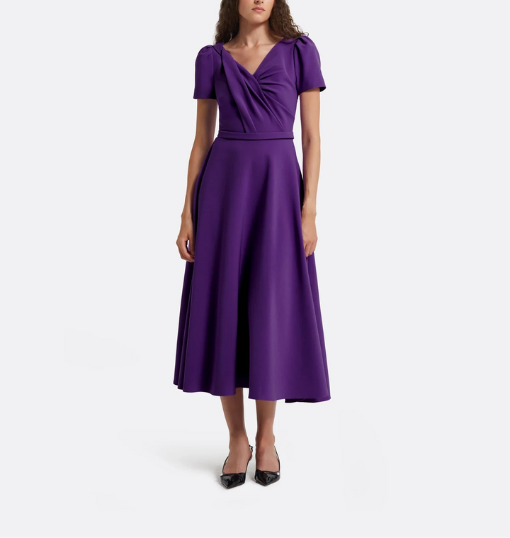 draped V-neck midi dress with puff sleeves – VIOLET