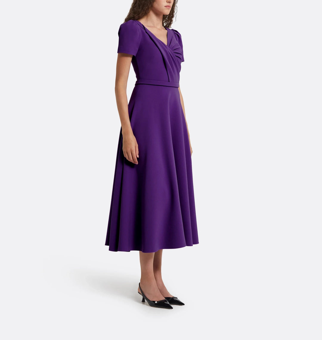 draped V-neck midi dress with puff sleeves – VIOLET