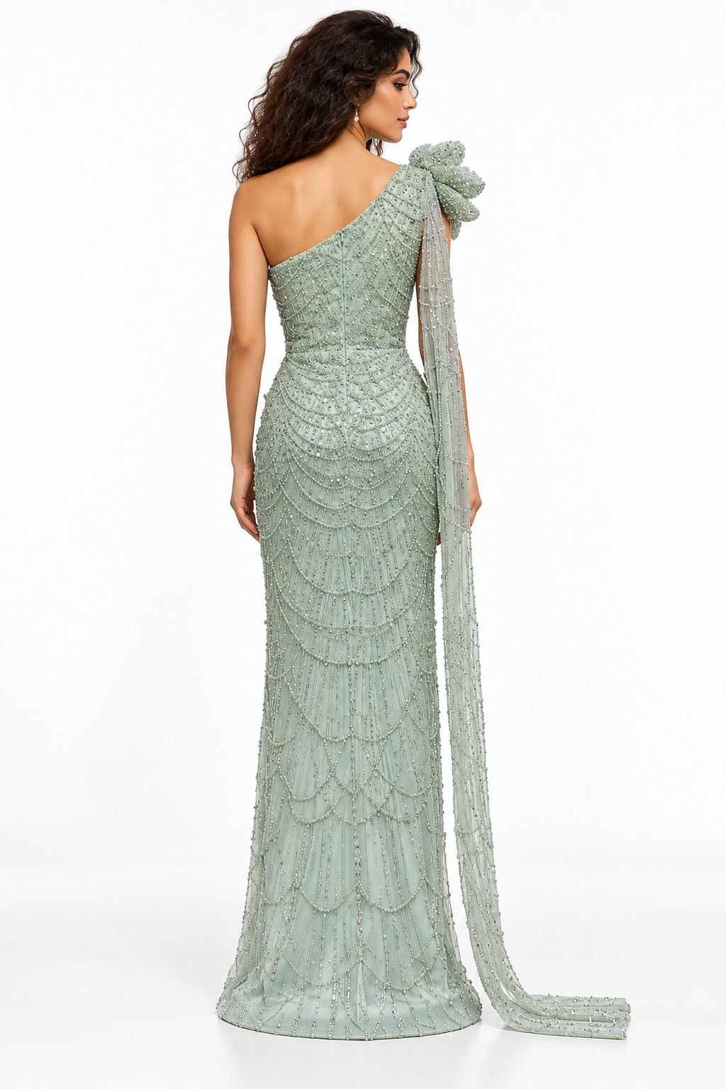 One-Shoulder Beaded Fringe Evening Gown - Cascadia
