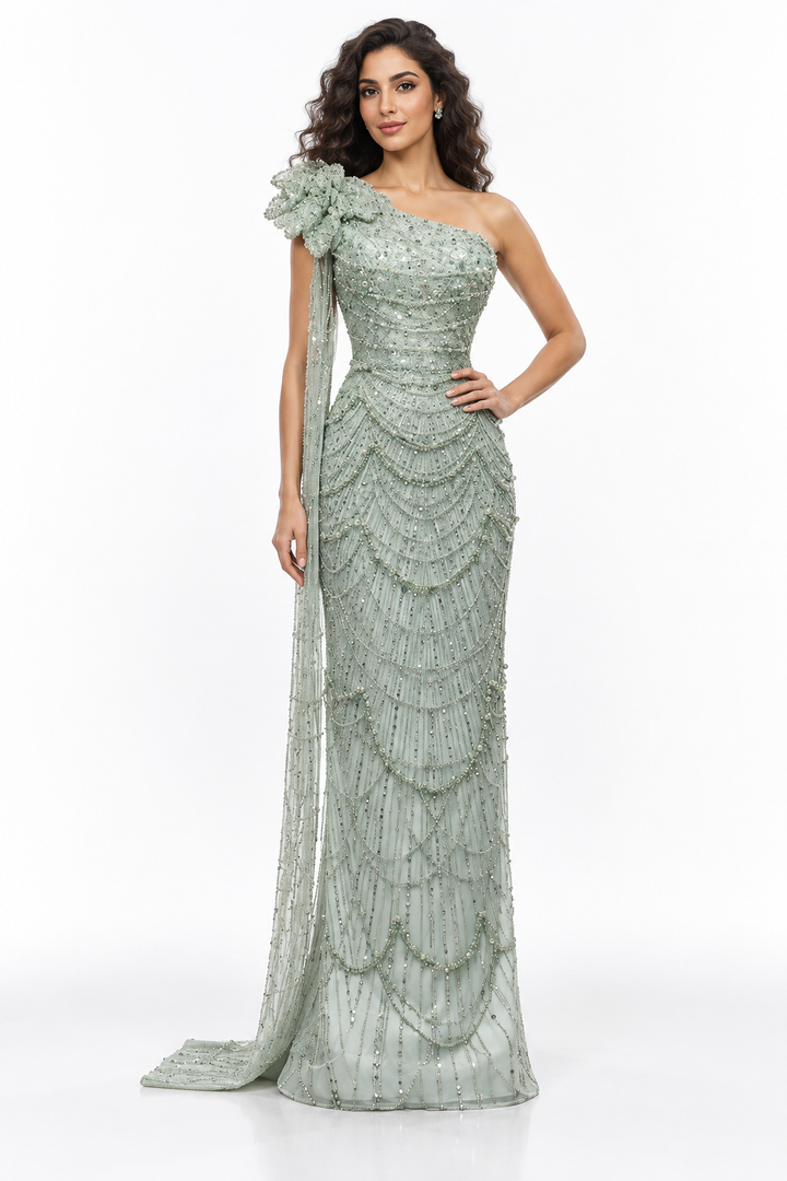 One-Shoulder Beaded Fringe Evening Gown - Cascadia