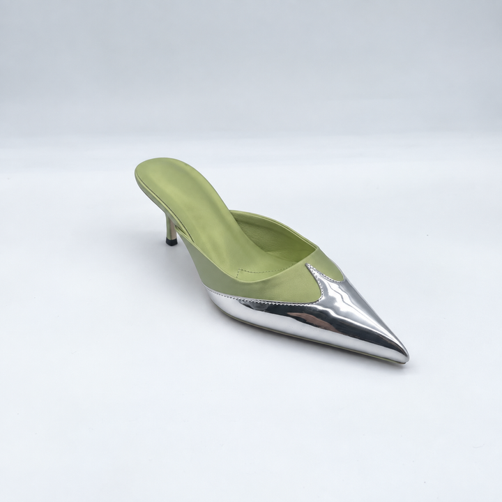 Silver Tip Satin Mule Heels - Modern
