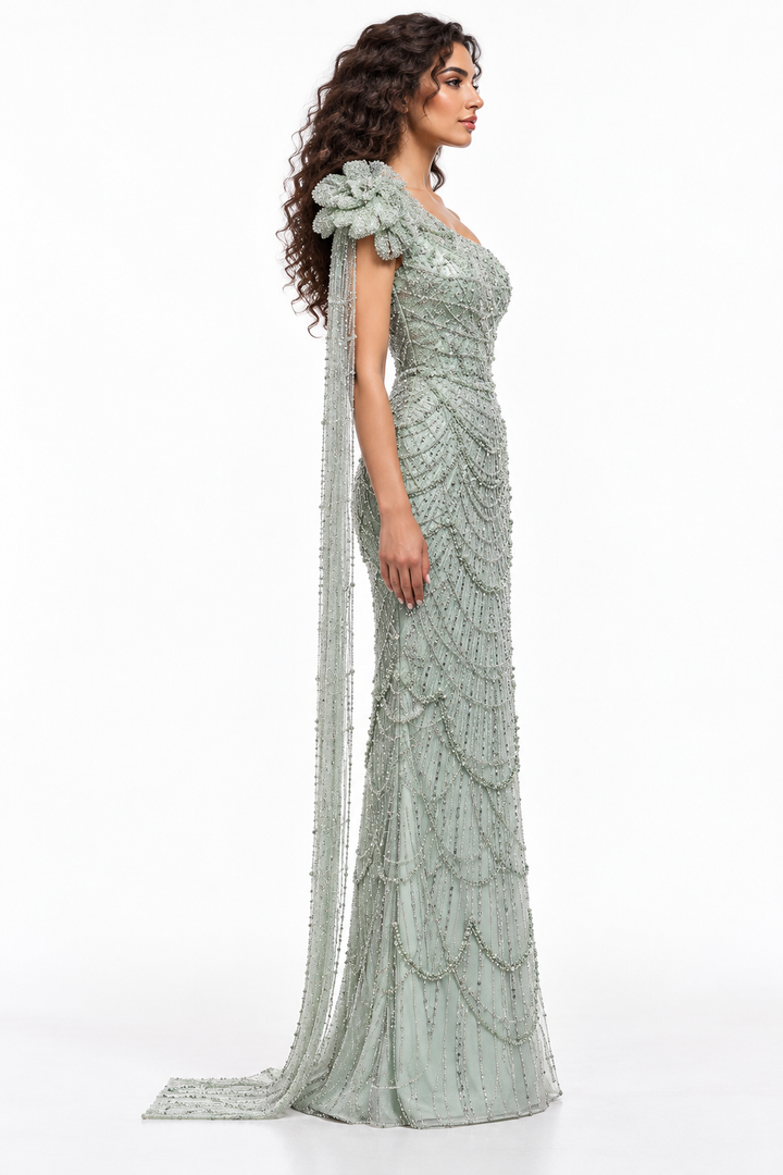 One-Shoulder Beaded Fringe Evening Gown - Cascadia