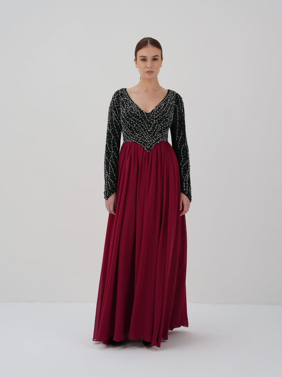 Long sleeve beaded dress with V neckline - GISELLE