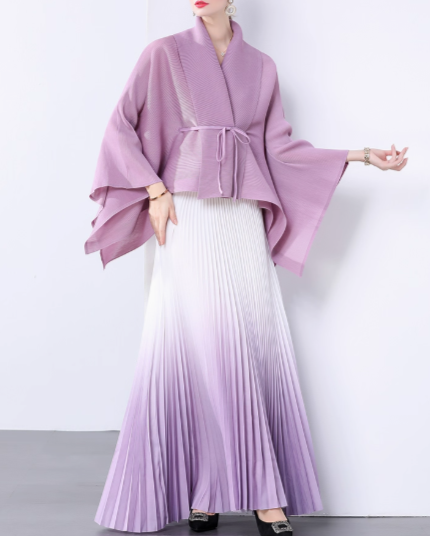 ombre pleated maxi dress with kimono wrap top