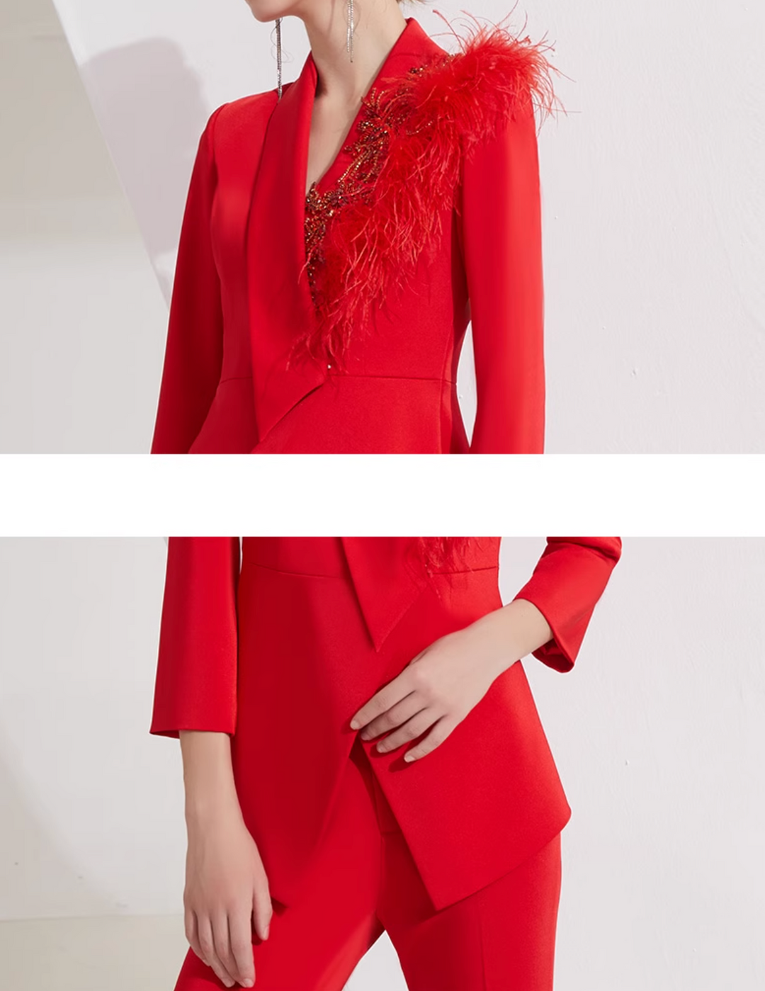 asymmetrical flare suit with feather brooch detail – CARMINE