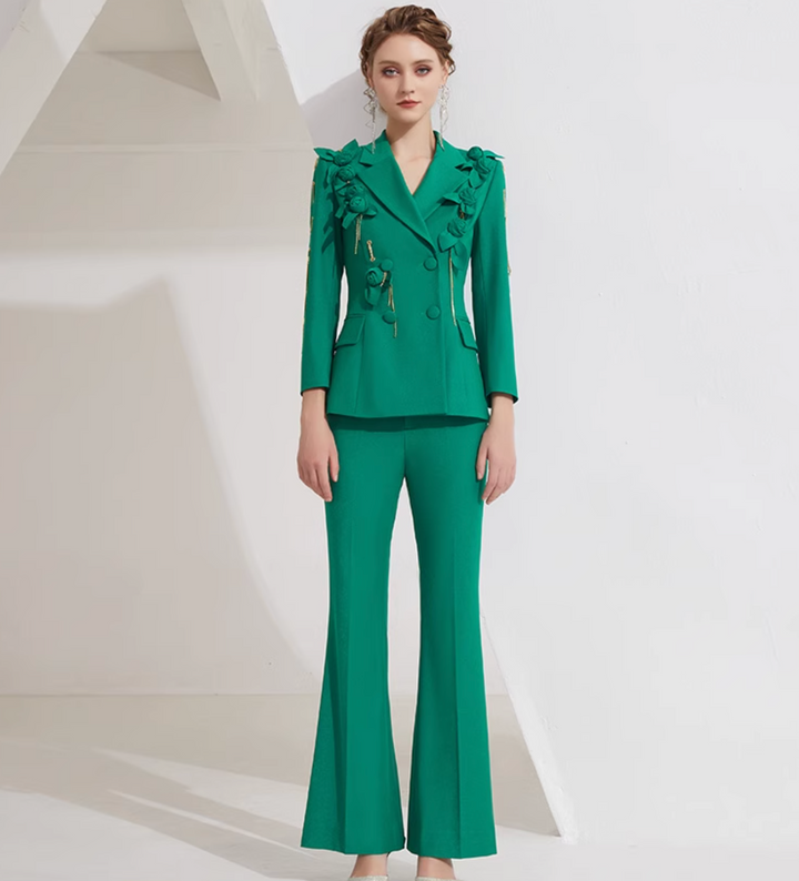 tailored flare suit with floral appliqué and gold chain – EMERLAH