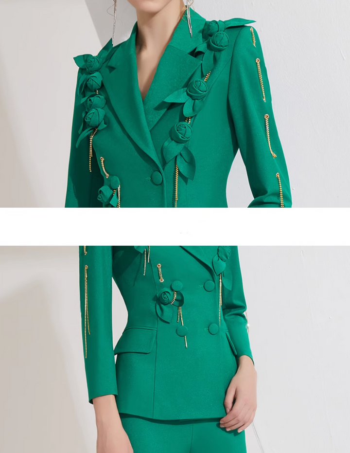 tailored flare suit with floral appliqué and gold chain – EMERLAH