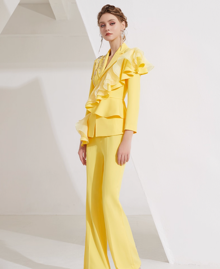 flared suit with cascading ruffles and crystal fringe – SOLÈNE