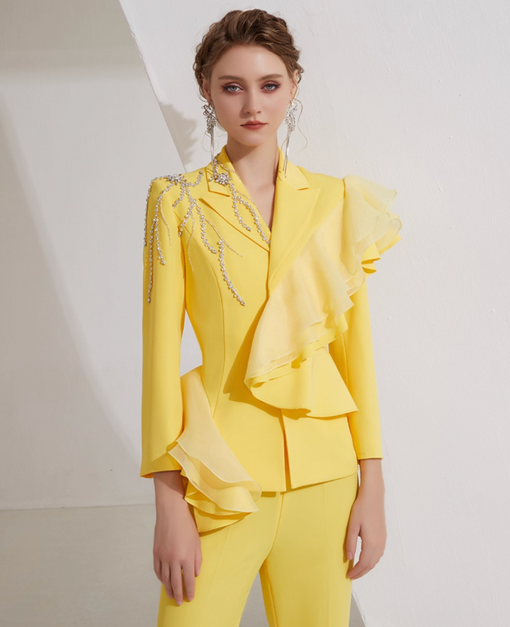 flared suit with cascading ruffles and crystal fringe – SOLÈNE