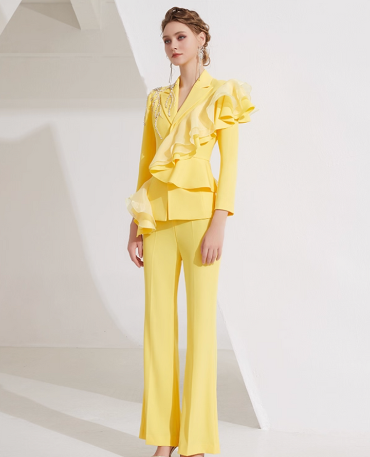 flared suit with cascading ruffles and crystal fringe – SOLÈNE