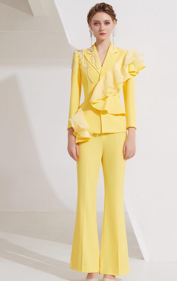 flared suit with cascading ruffles and crystal fringe – SOLÈNE