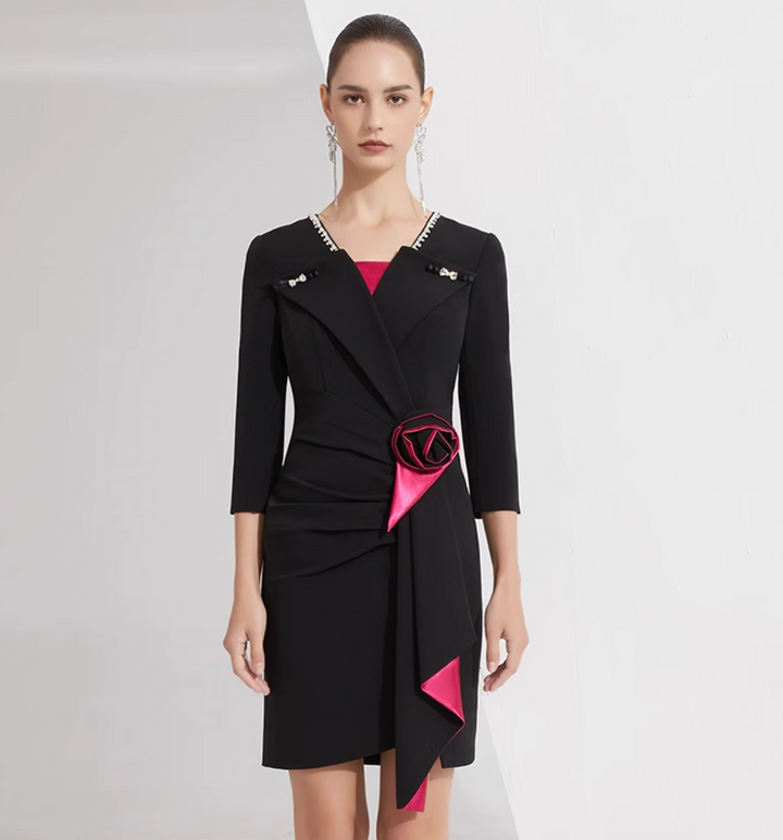 asymmetrical blazer dress with satin rose detail – FOUER