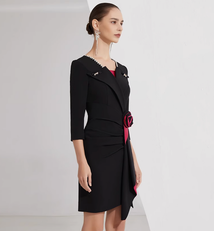 asymmetrical blazer dress with satin rose detail – FOUER