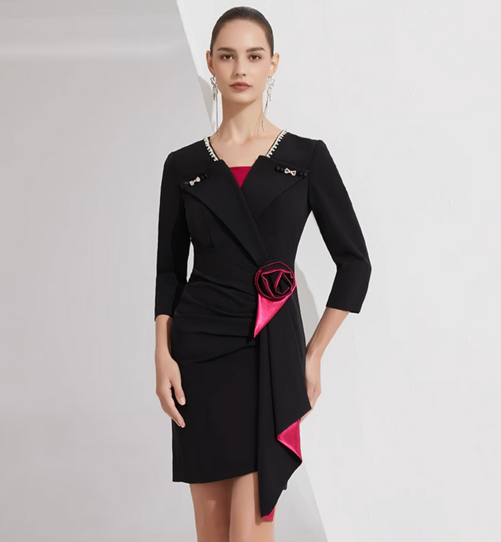 asymmetrical blazer dress with satin rose detail – FOUER