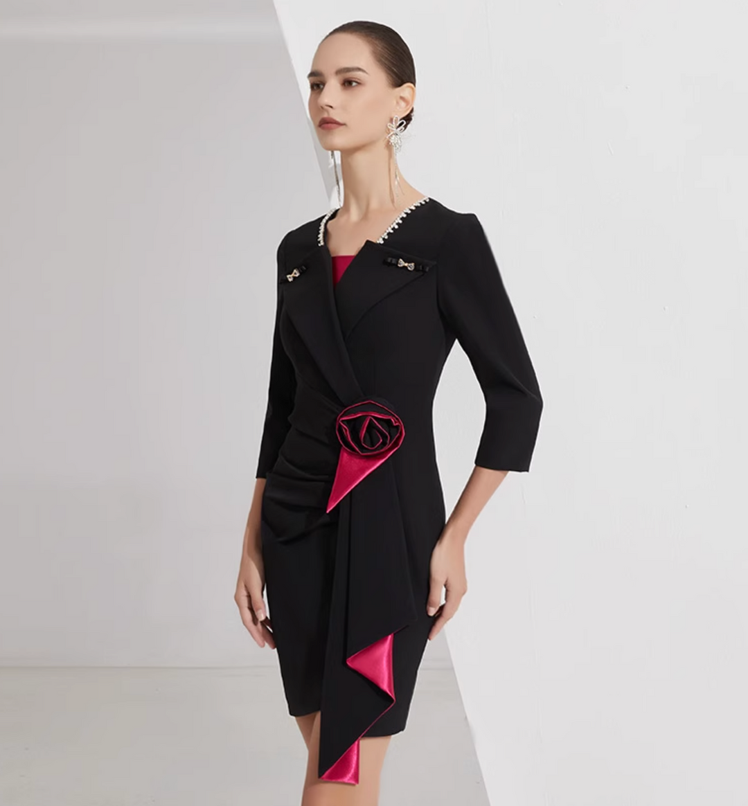 asymmetrical blazer dress with satin rose detail – FOUER
