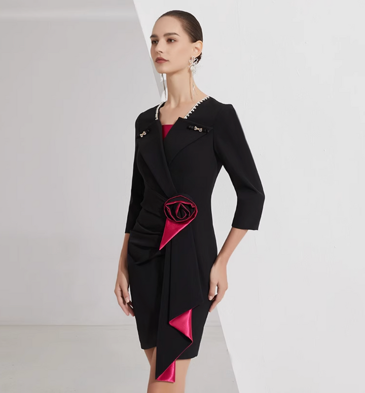 asymmetrical blazer dress with satin rose detail – FOUER