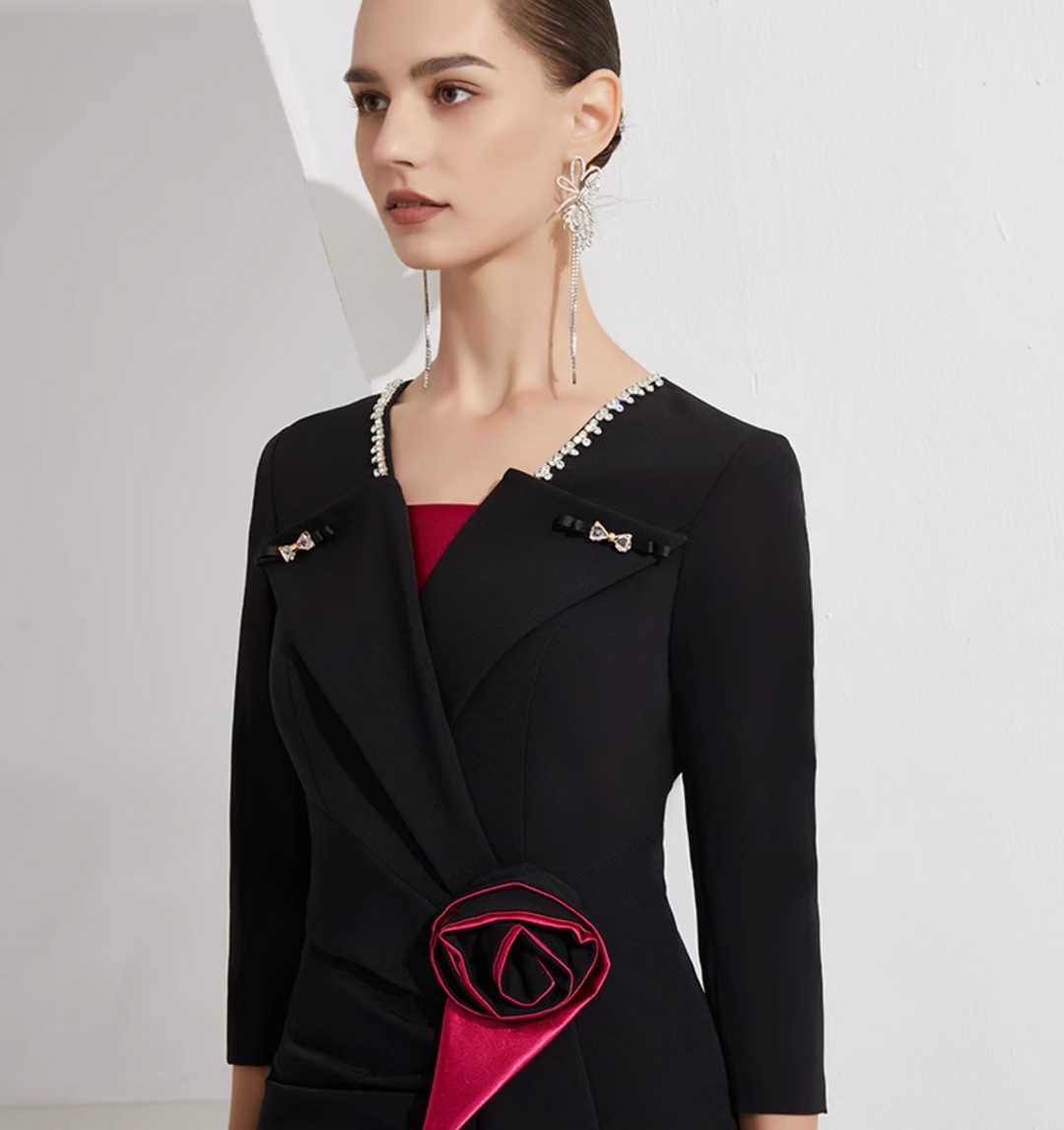 asymmetrical blazer dress with satin rose detail – FOUER