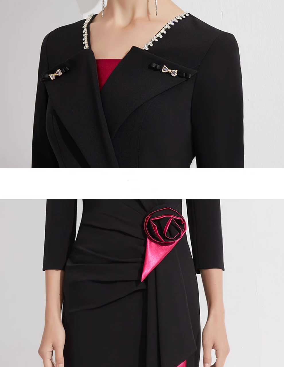 asymmetrical blazer dress with satin rose detail – FOUER