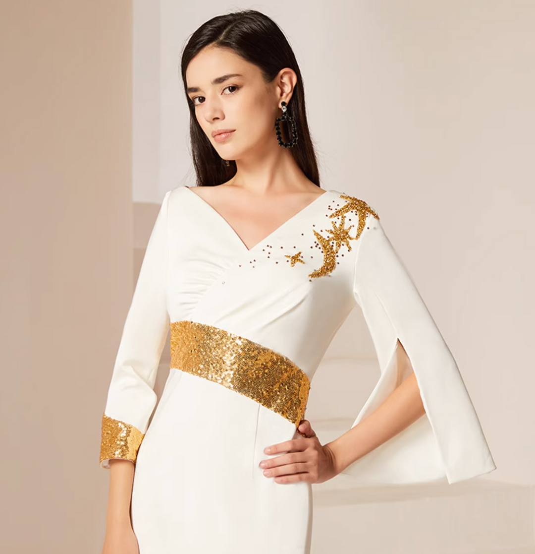 cape-sleeve sheath dress with gold sequin accents – GRACE