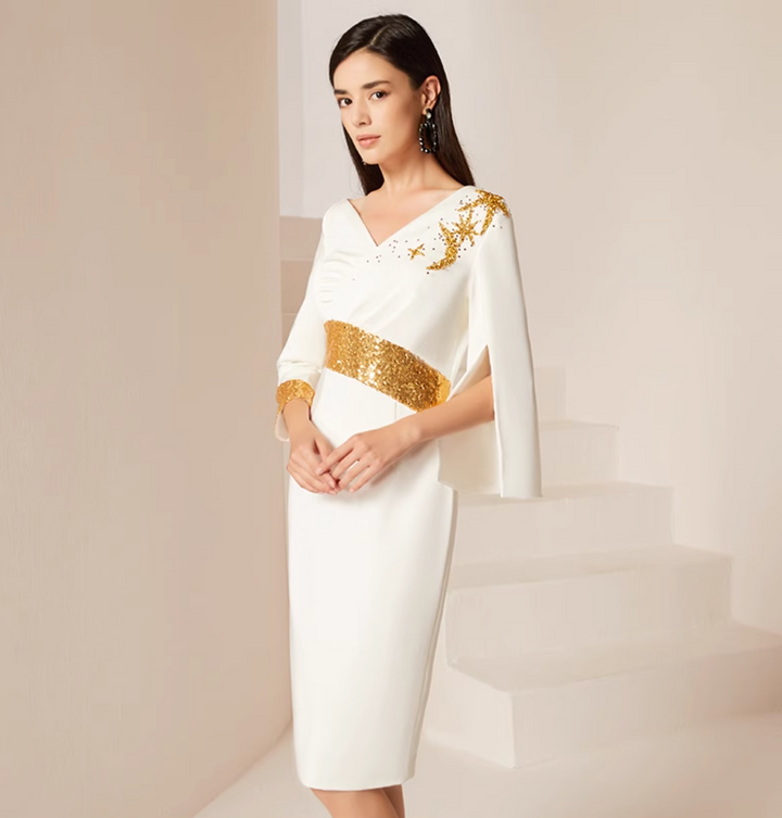 cape-sleeve sheath dress with gold sequin accents – GRACE