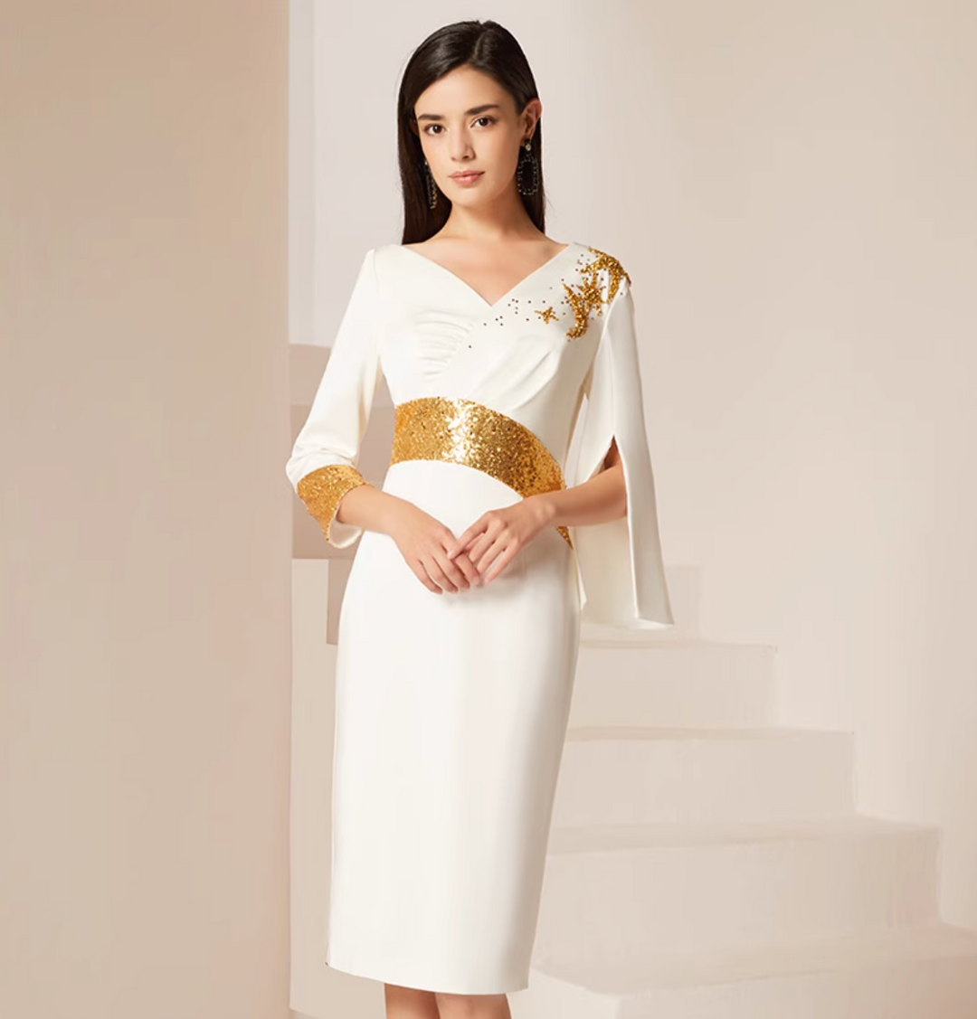 cape-sleeve sheath dress with gold sequin accents – GRACE