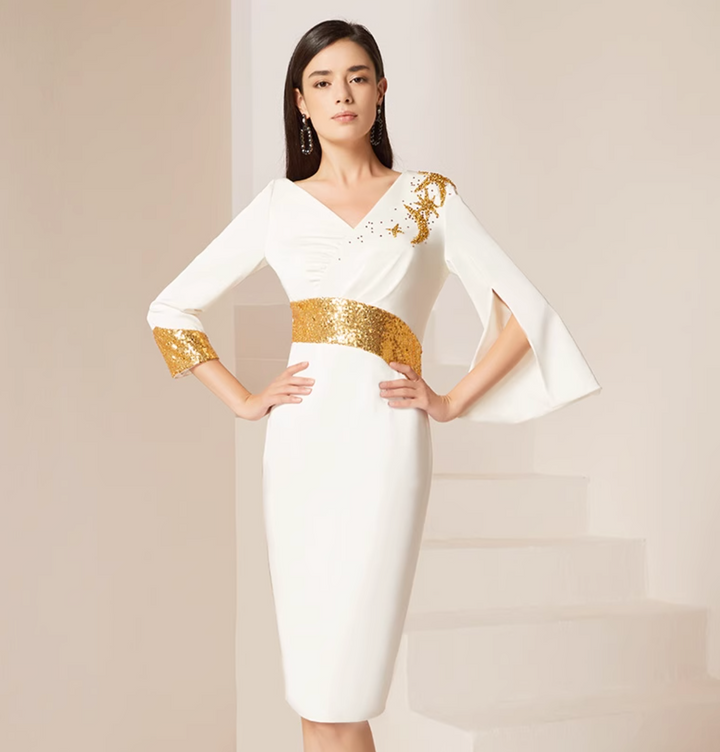 cape-sleeve sheath dress with gold sequin accents – GRACE