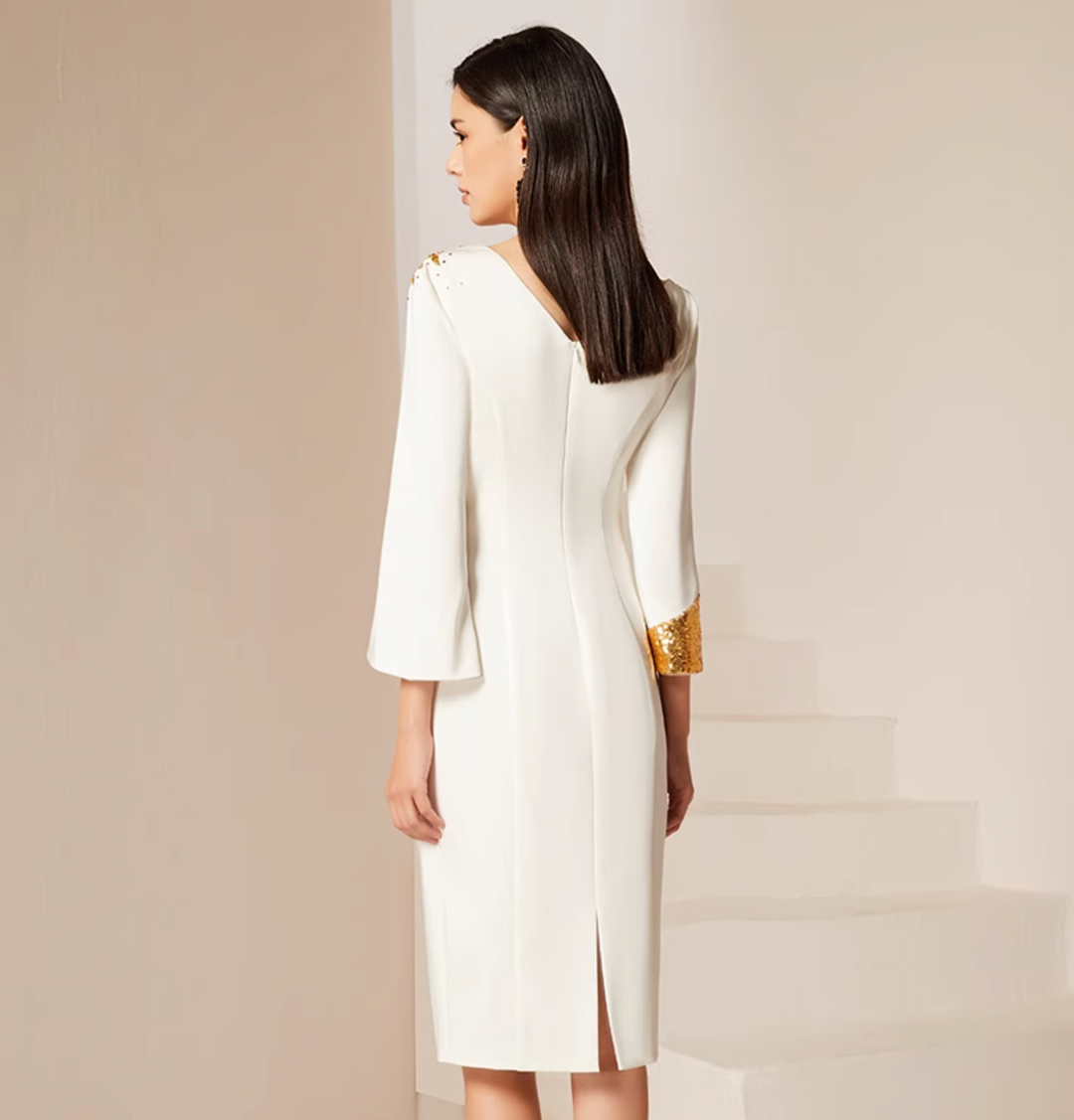 cape-sleeve sheath dress with gold sequin accents – GRACE