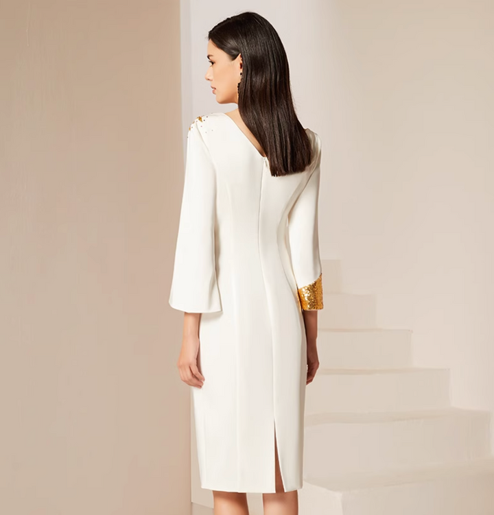 cape-sleeve sheath dress with gold sequin accents – GRACE