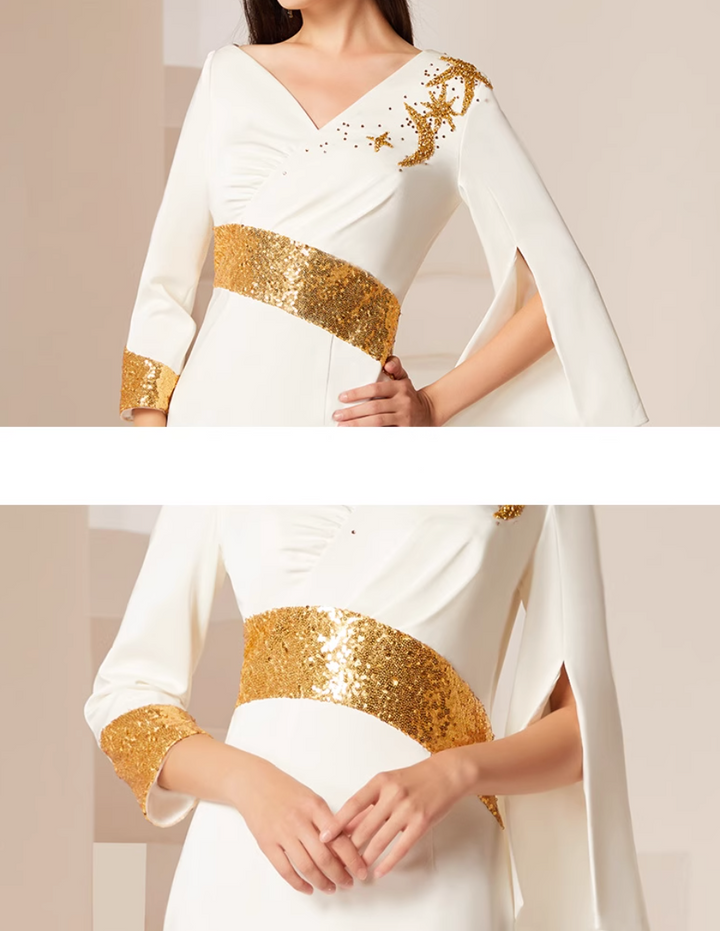 cape-sleeve sheath dress with gold sequin accents – GRACE