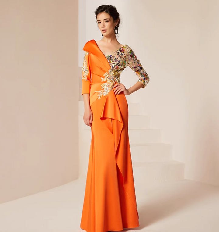 costume évasé sur mesure avec manches bouffantes en satin – VALENCIA 