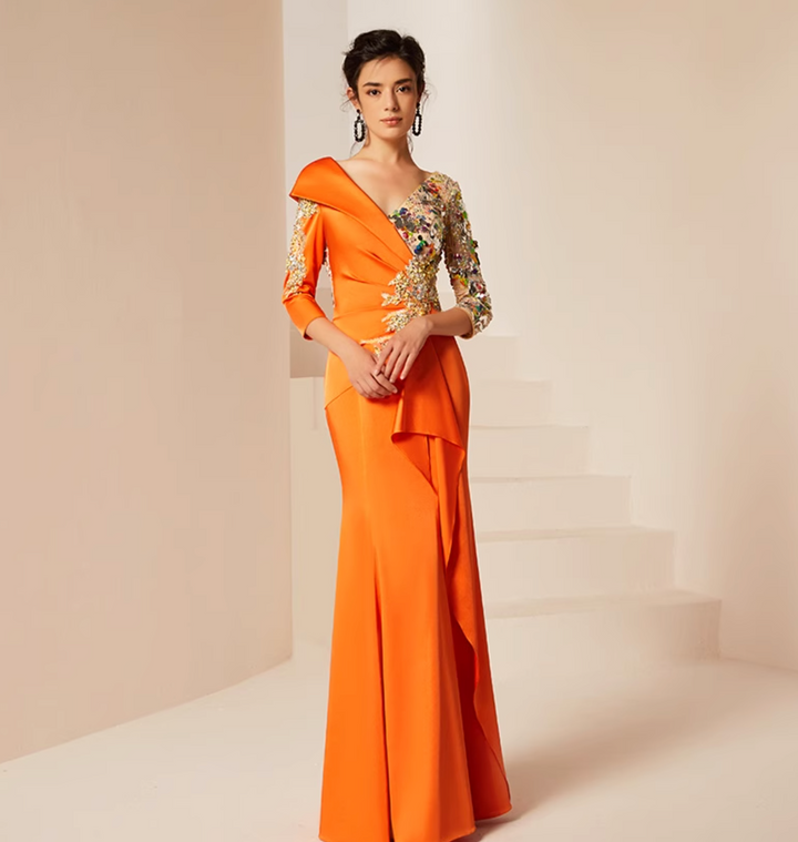 costume évasé sur mesure avec manches bouffantes en satin – VALENCIA 