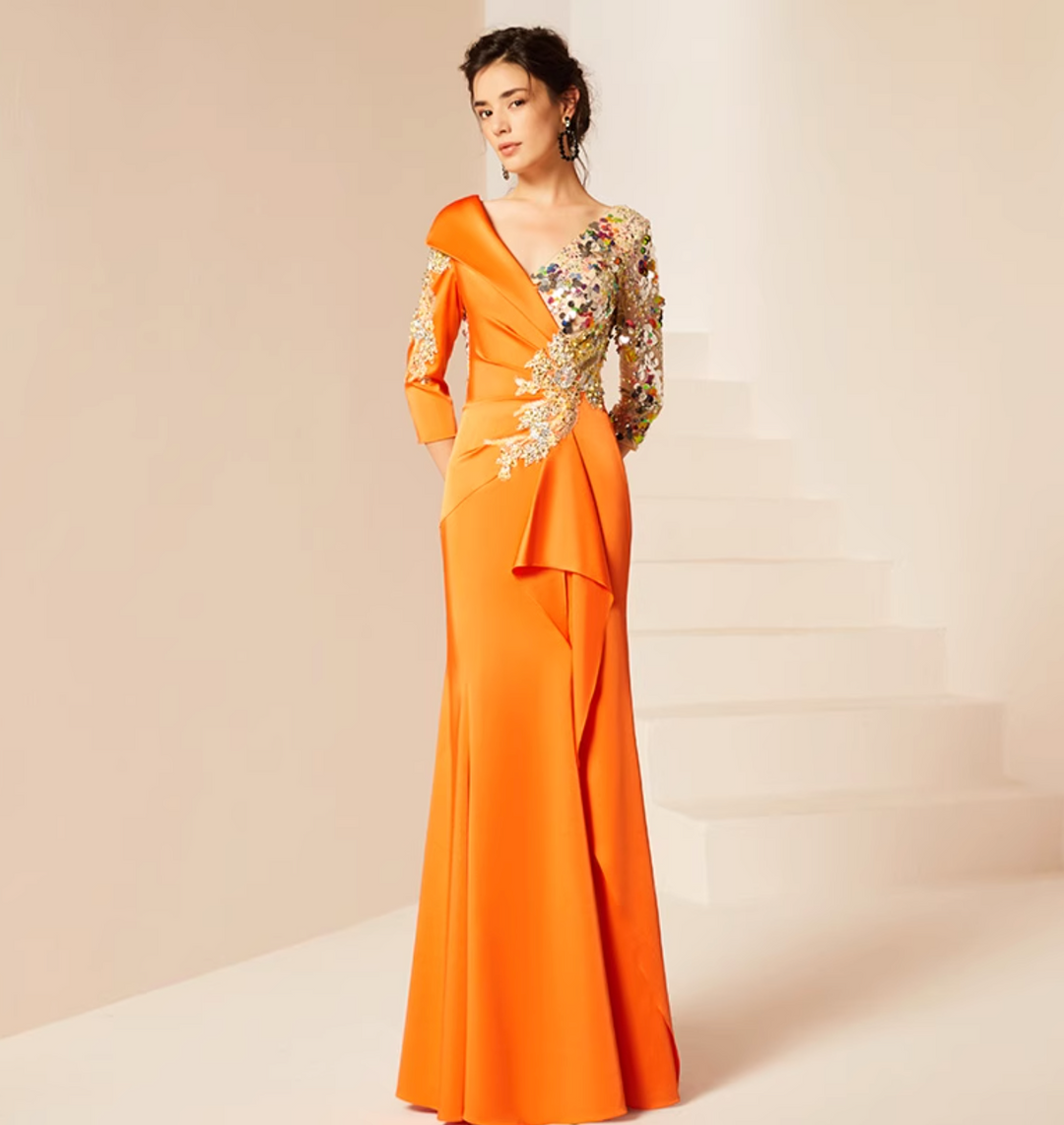 costume évasé sur mesure avec manches bouffantes en satin – VALENCIA 