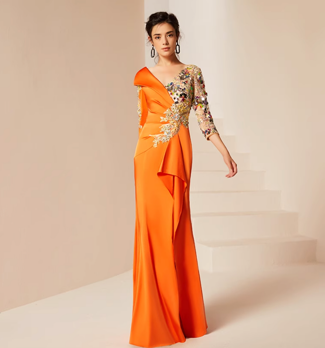 costume évasé sur mesure avec manches bouffantes en satin – VALENCIA 