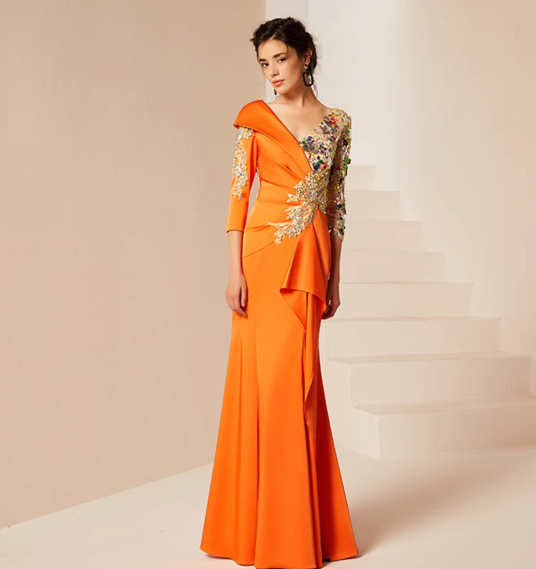 costume évasé sur mesure avec manches bouffantes en satin – VALENCIA 