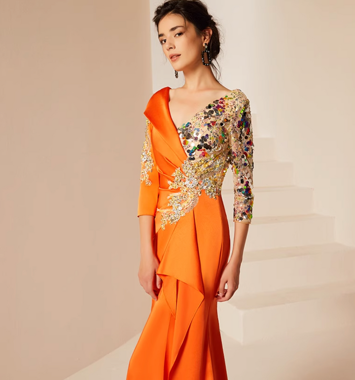 costume évasé sur mesure avec manches bouffantes en satin – VALENCIA 