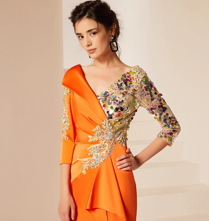 costume évasé sur mesure avec manches bouffantes en satin – VALENCIA 