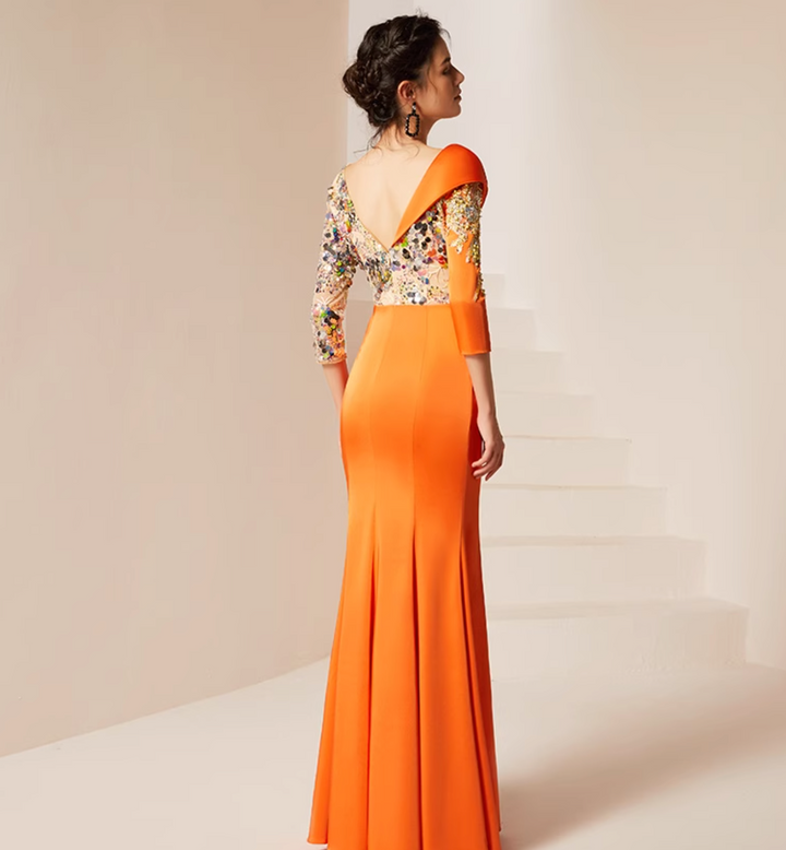 costume évasé sur mesure avec manches bouffantes en satin – VALENCIA 