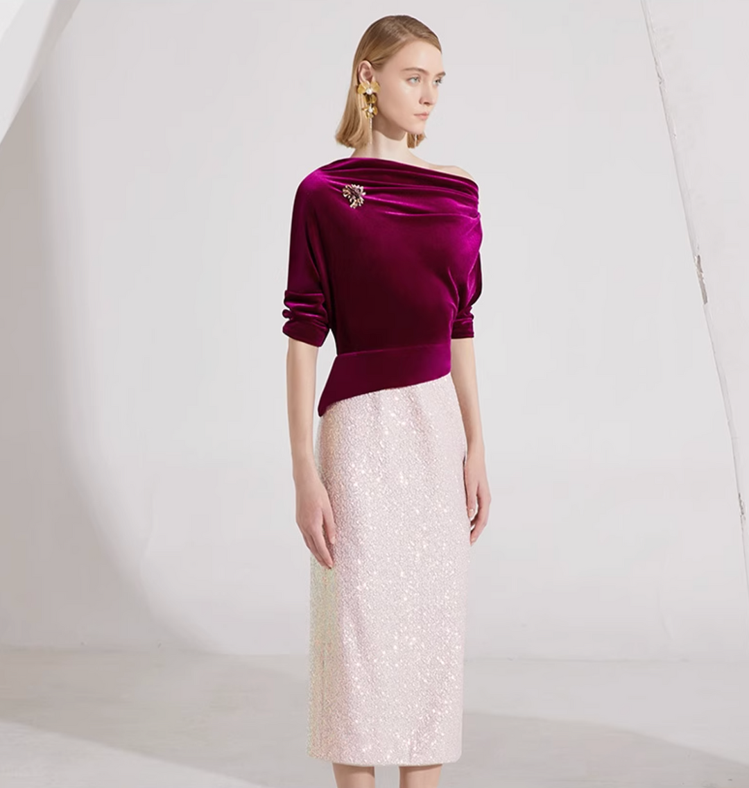 op maat gemaakte flare-pak met satijnen pofmouwen – VALENCIA 