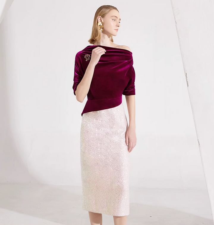 op maat gemaakte flare-pak met satijnen pofmouwen – VALENCIA 