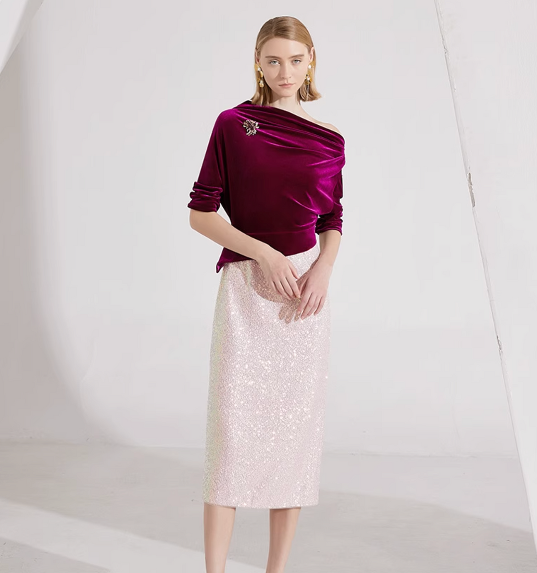 op maat gemaakte flare-pak met satijnen pofmouwen – VALENCIA 