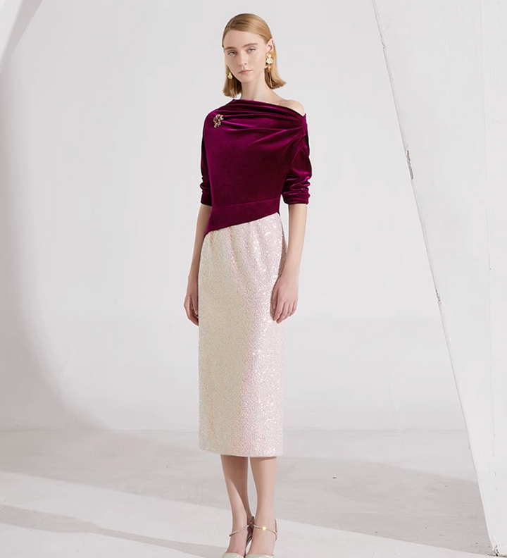 op maat gemaakte flare-pak met satijnen pofmouwen – VALENCIA 