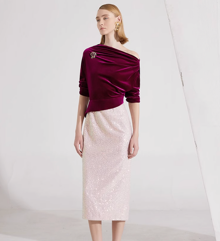 op maat gemaakte flare-pak met satijnen pofmouwen – VALENCIA 