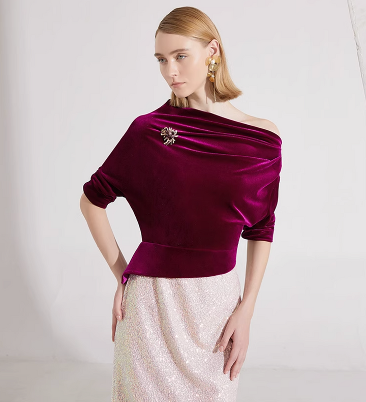 op maat gemaakte flare-pak met satijnen pofmouwen – VALENCIA 