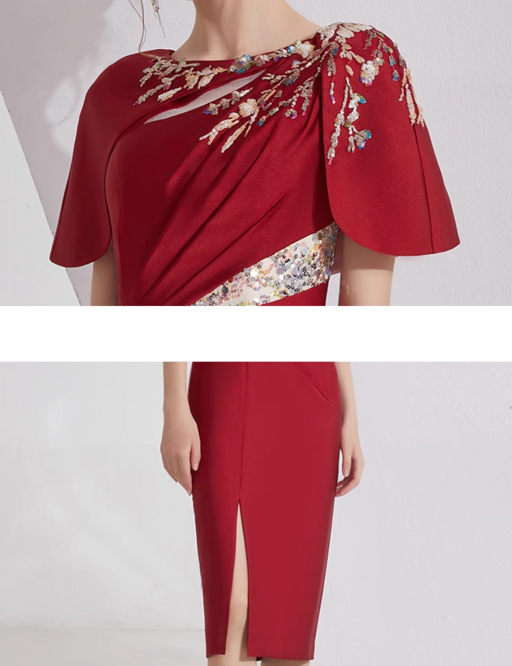 فستان غمد بأكمام على شكل رأس مع تطريز زهور بالترتر – كريمنا